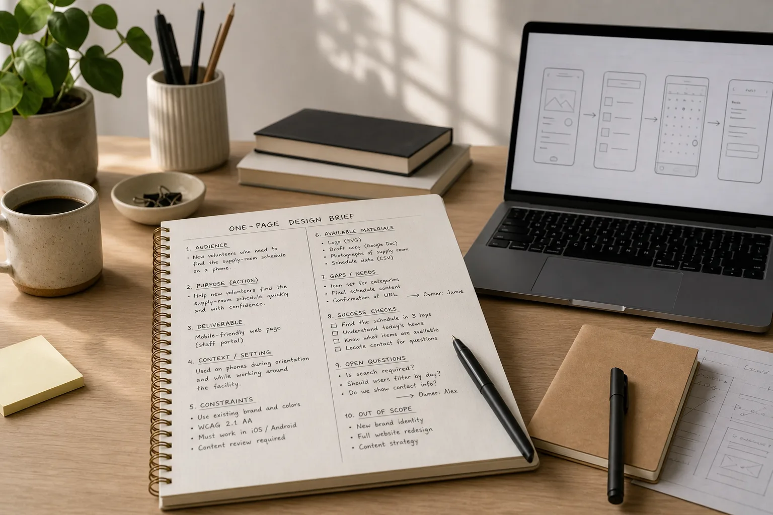 Open notebook with handwritten design brief on wooden desk near laptop, coffee, and stationery in natural light
