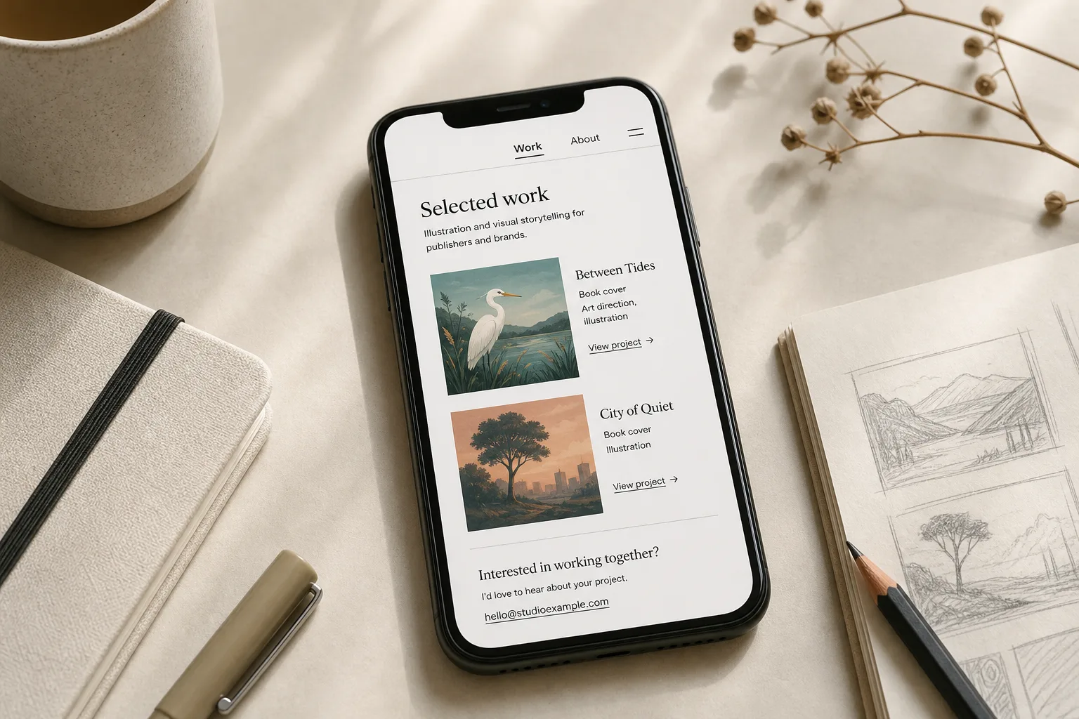 Smartphone displaying a portfolio webpage with nature-themed book cover illustrations on a beige table