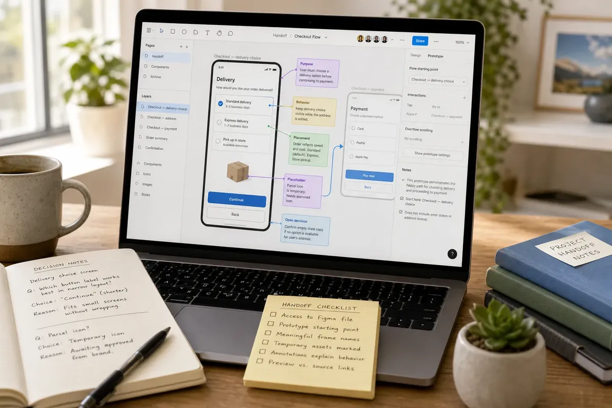 Laptop on wooden desk showing a delivery and payment app design with sticky notes and notebooks nearby
