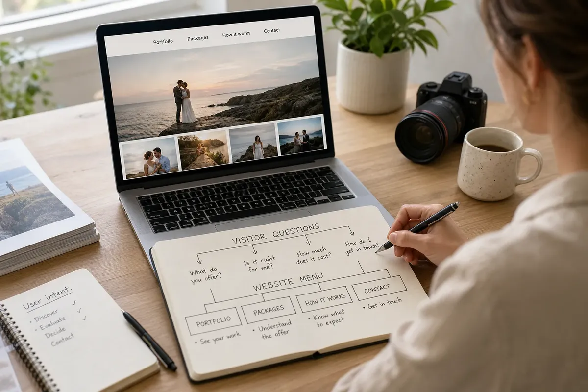 Person writing in notebook with website menu plan next to laptop showing wedding photography portfolio