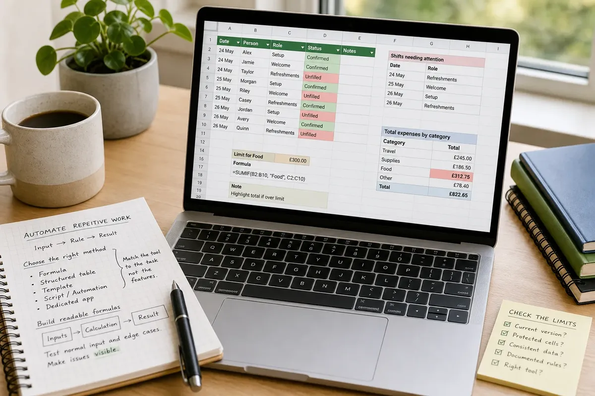 Laptop displaying spreadsheet with colored status cells on wooden desk surrounded by notebooks, coffee cup, plant, and handwritten notes