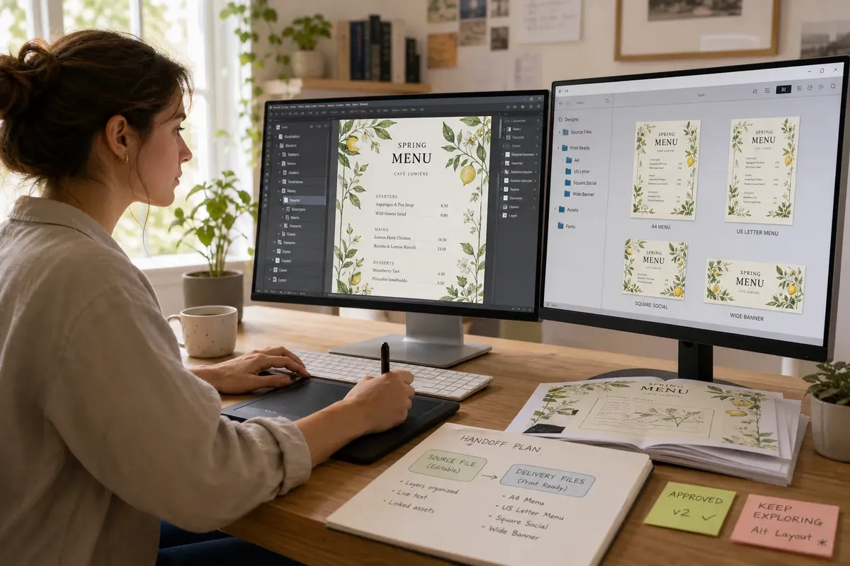 Woman using graphic tablet editing spring menu design on dual computer monitors in bright workspace