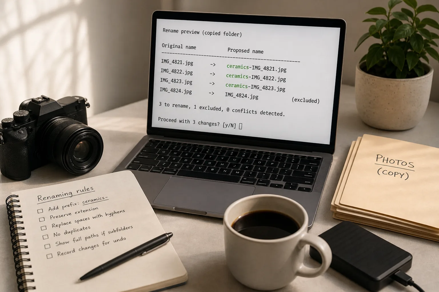 Desk setup with a laptop displaying file renaming preview, a notebook with checklist, camera, coffee cup, external drive, and potted plant