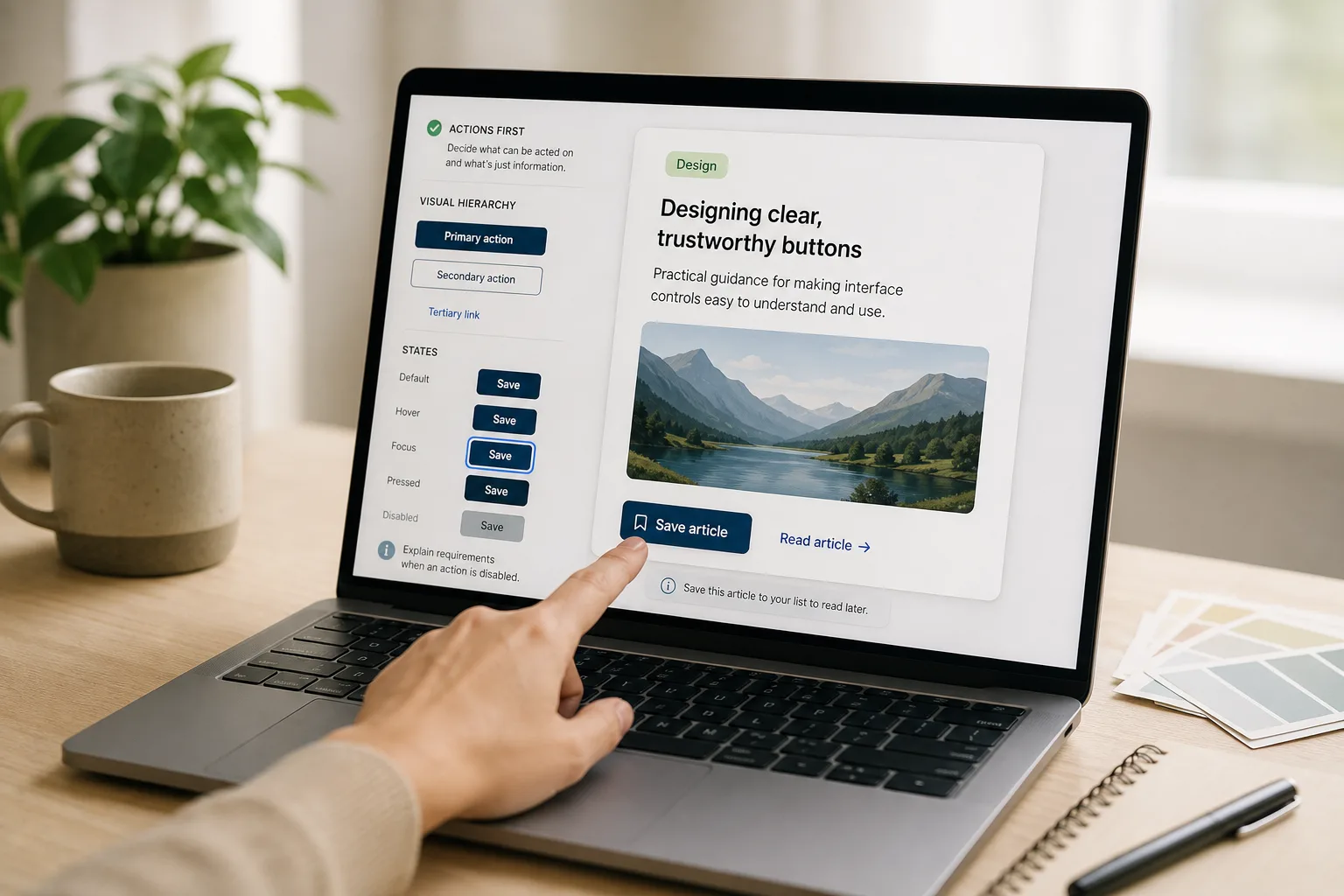 Person touching Save article button on laptop screen displaying button design states and visual hierarchy