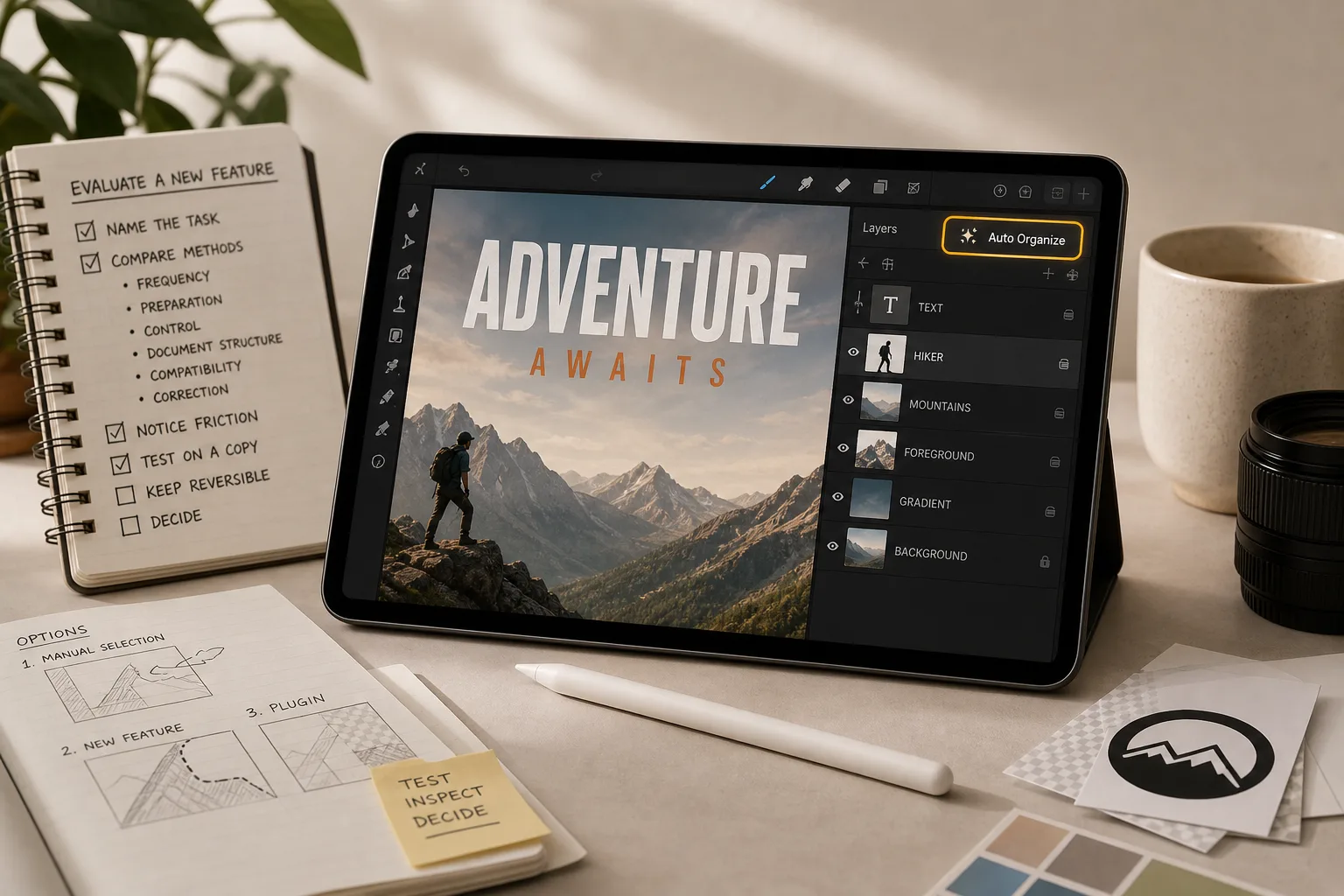 Tablet displaying layered mountain hiking graphic with handwritten notes and a stylus on beige desk